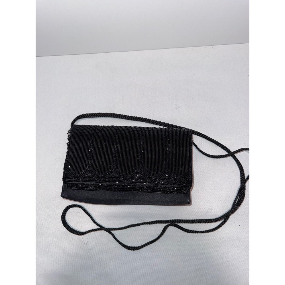 La Regale Ltd Vintage Black Beaded Satin Evening Bag Crossbody Clutch Formal